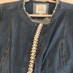 LOGO by Lori Goldstein Blue Jean Jacket with Pearl Detail